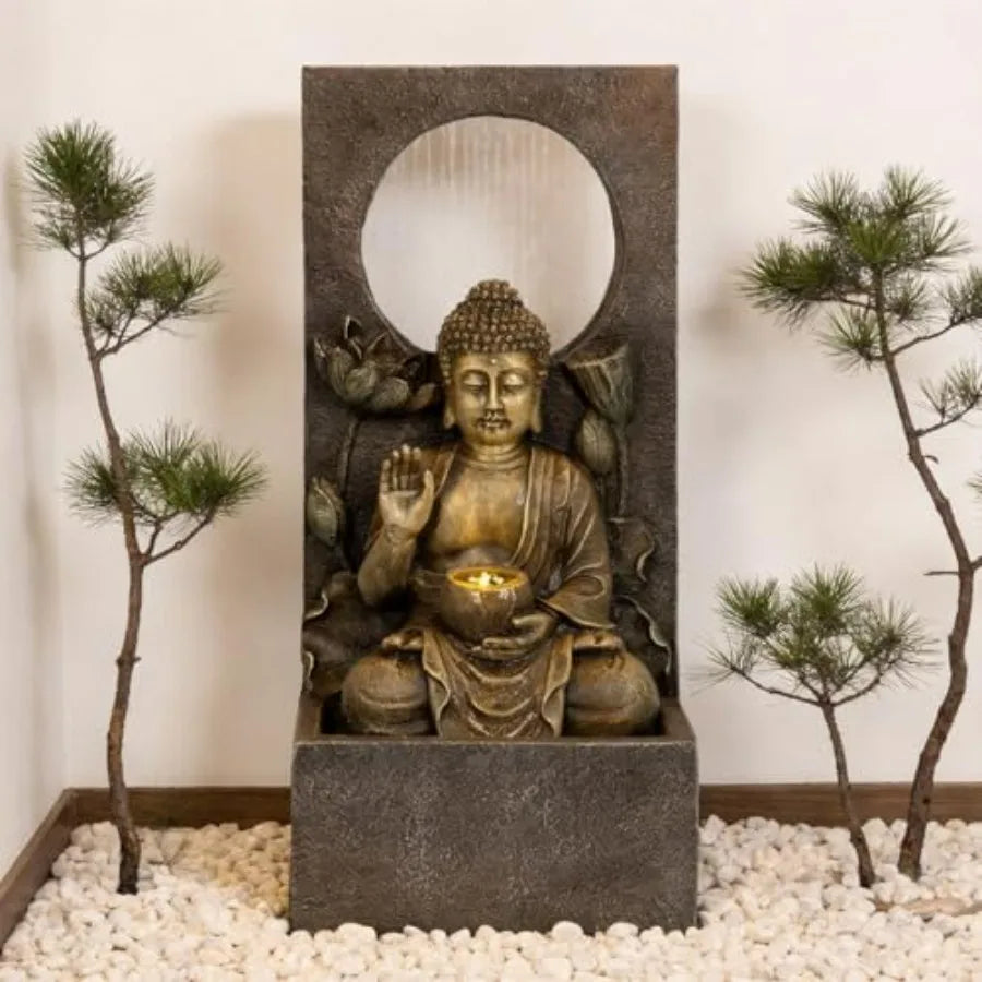 Buddha Waterfall Fountain Outdoor Freestanding Relaxing Water Fountain Asian Zen Fengshui Patio Garden Backyard Decking Home De