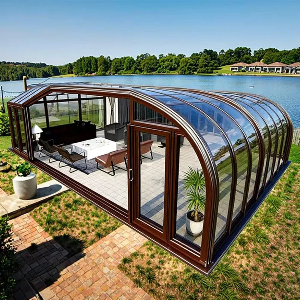 Movable Retractable Aluminum Glass Sunroom, Sliding Tempered Glass Solarium Pool Enclosure Outdoor Patio Garden Villa Sun Room