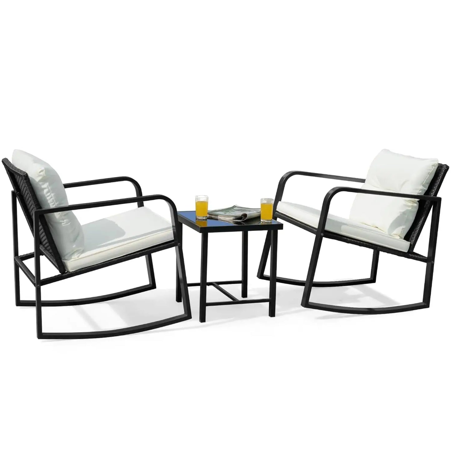 Patio Chairs 3 Piece Wicker Rocking Chair Outdoor Bistro Sets with Coffee Table and Cushions Metal Frame Patio, Customized