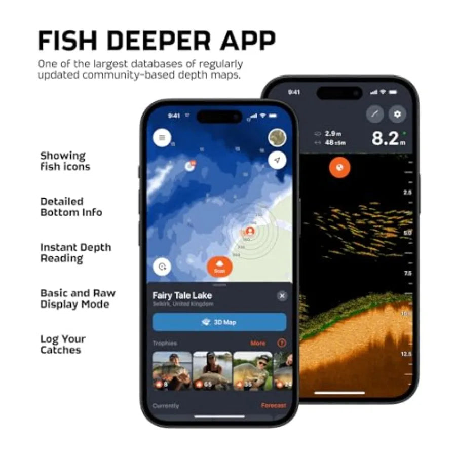 Portable fish finder for kayaks, boats, ice fishing; sonar GPS enabled; black; castable design with free user-friendly app