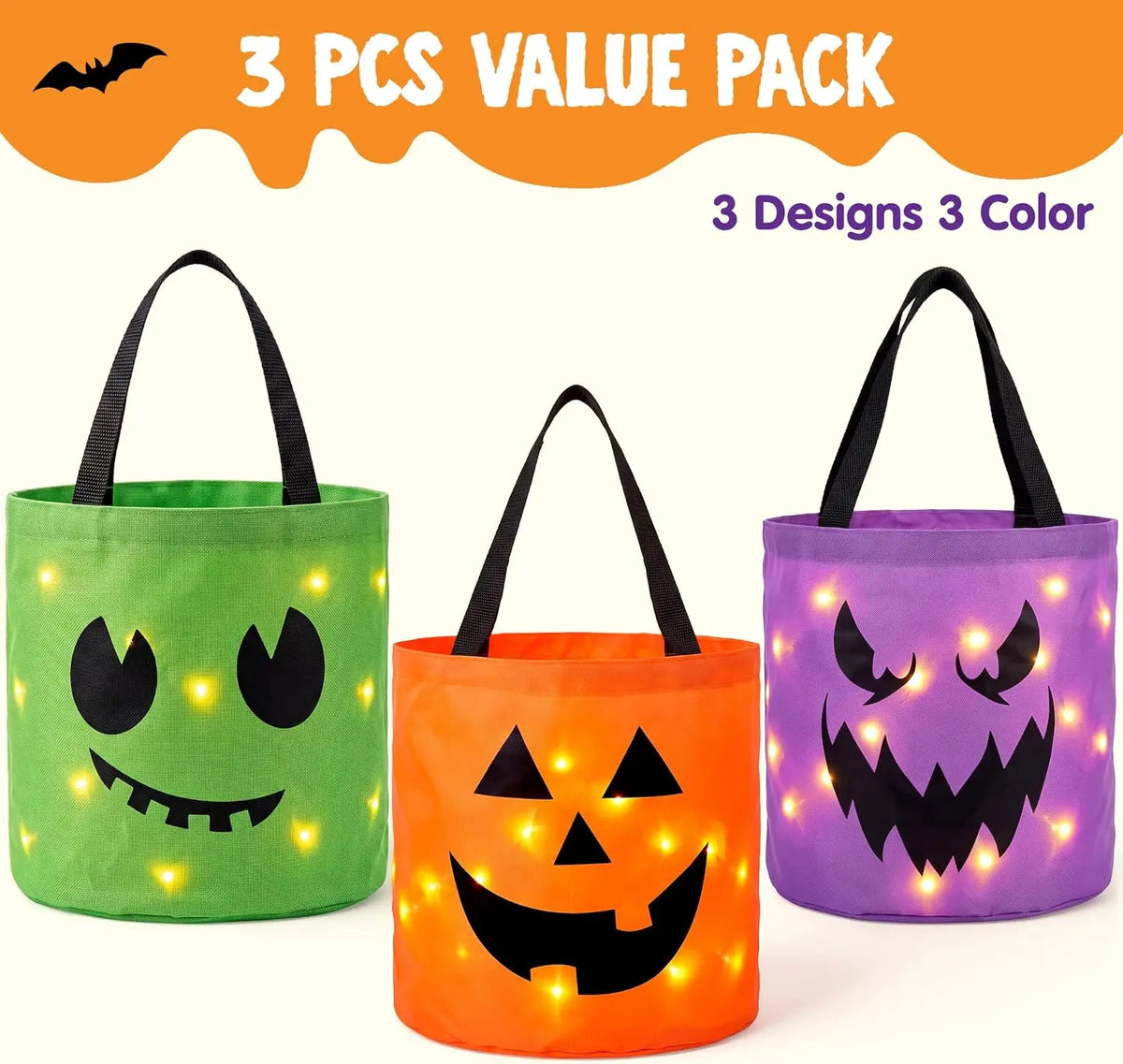 3 PCS Light Up Halloween Pumpkin Bucket 10 x 11.8 in LED Trick or Treat Bucket Orange Green Purple Reusable Goody Candy Bucket Bags for Kids Trick or Treating Party Favor Supplies