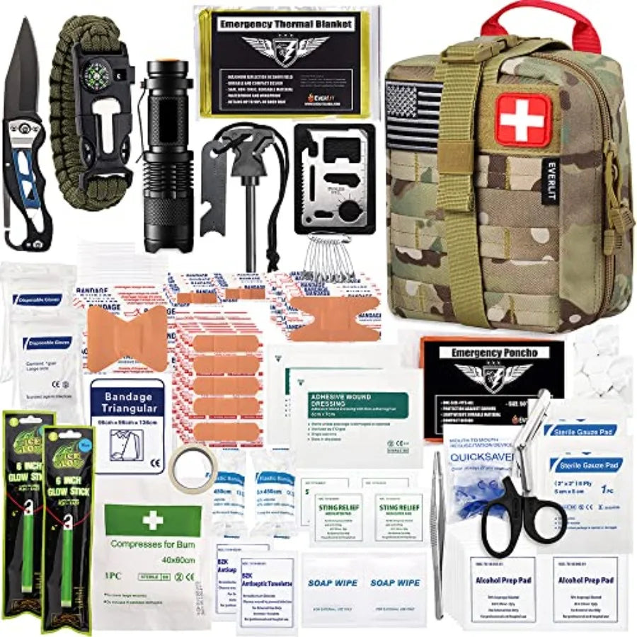 250 Pieces Survival First Aid Kit IFAK EMT Molle Pouch Survival Kit Outdoor Gear Emergency Kits Trauma Bag for Camping Boat Hun