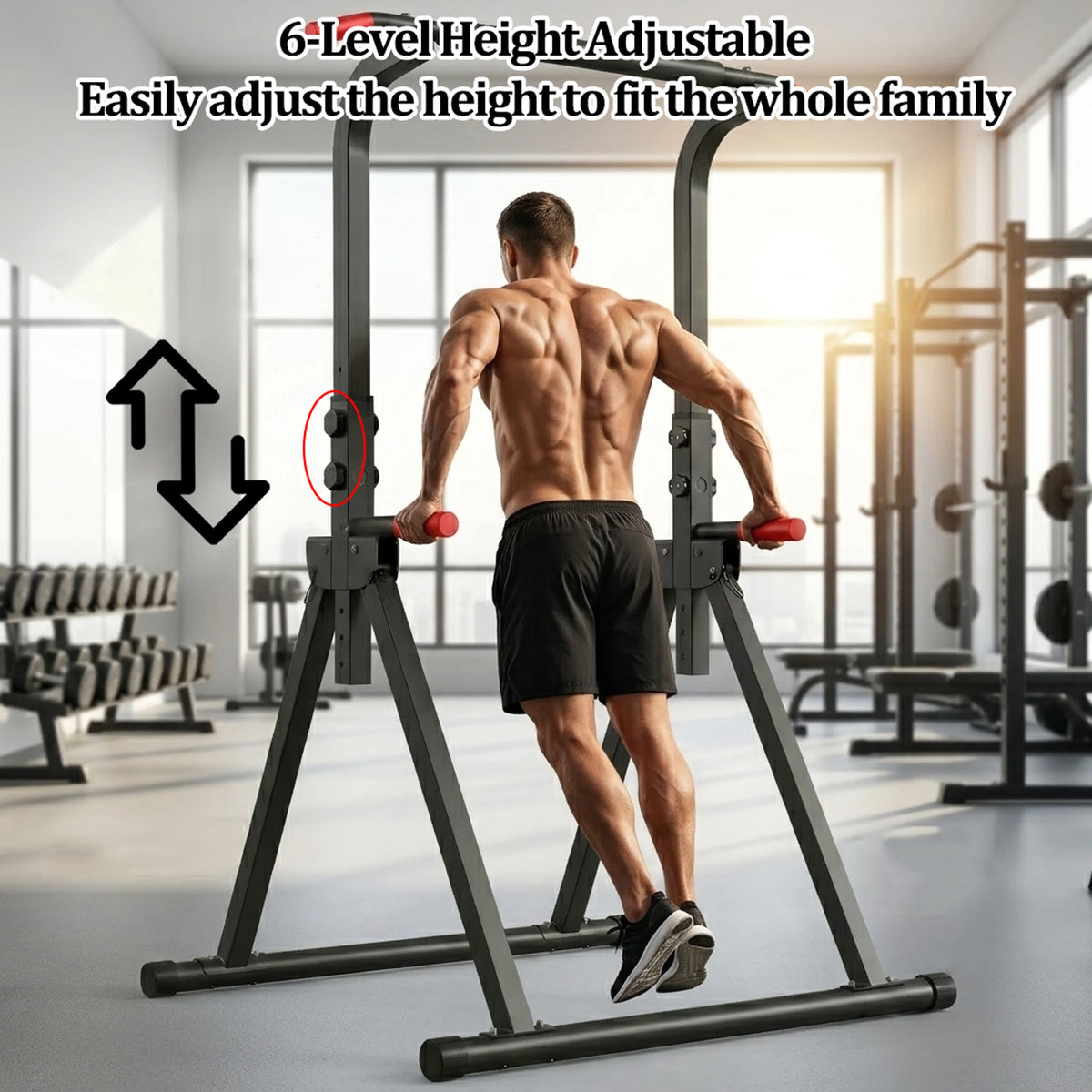 Foldable Power Tower Pull Up Bar, Multi-Function Dip Station with 6-Level Adjustable Height, 440lbs Max Capacity Home Gym Strength Training Equipment