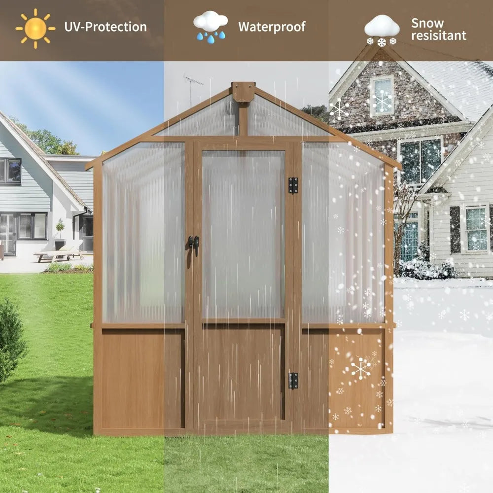 6x8FT Wood Frame Walk-in Greenhouse 6mm Twin-wall Polycarbonate Adjustable Roof Vent Garden Backyard, Custom