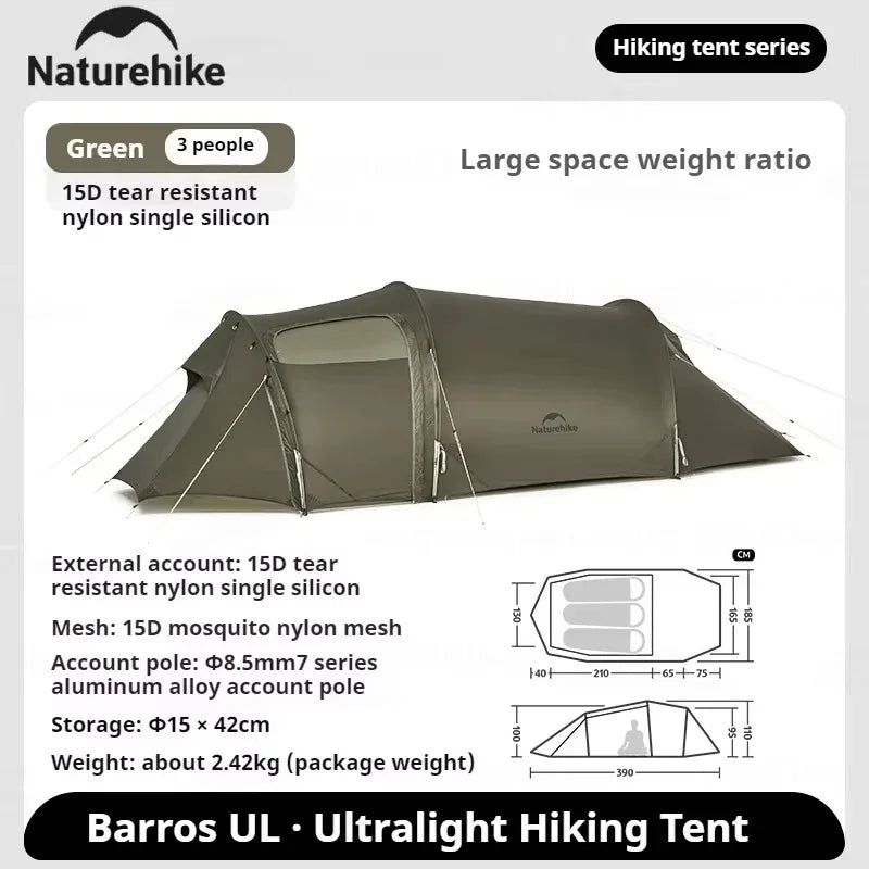 Naturehike Opalus UL Tunnel Tent Lightweight 15D Nylon Hiking Tent Large Space Outdoor Camping Travel 4 Season 2-3 Person Tent