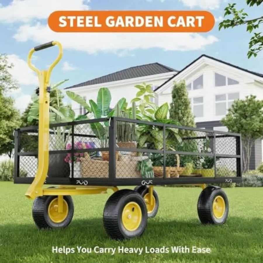 Heavy Duty Steel Garden Cart for outdoor use black steel 1200 LBS capacity 10-inch tires 180 rotating handle ATV/tractor compat