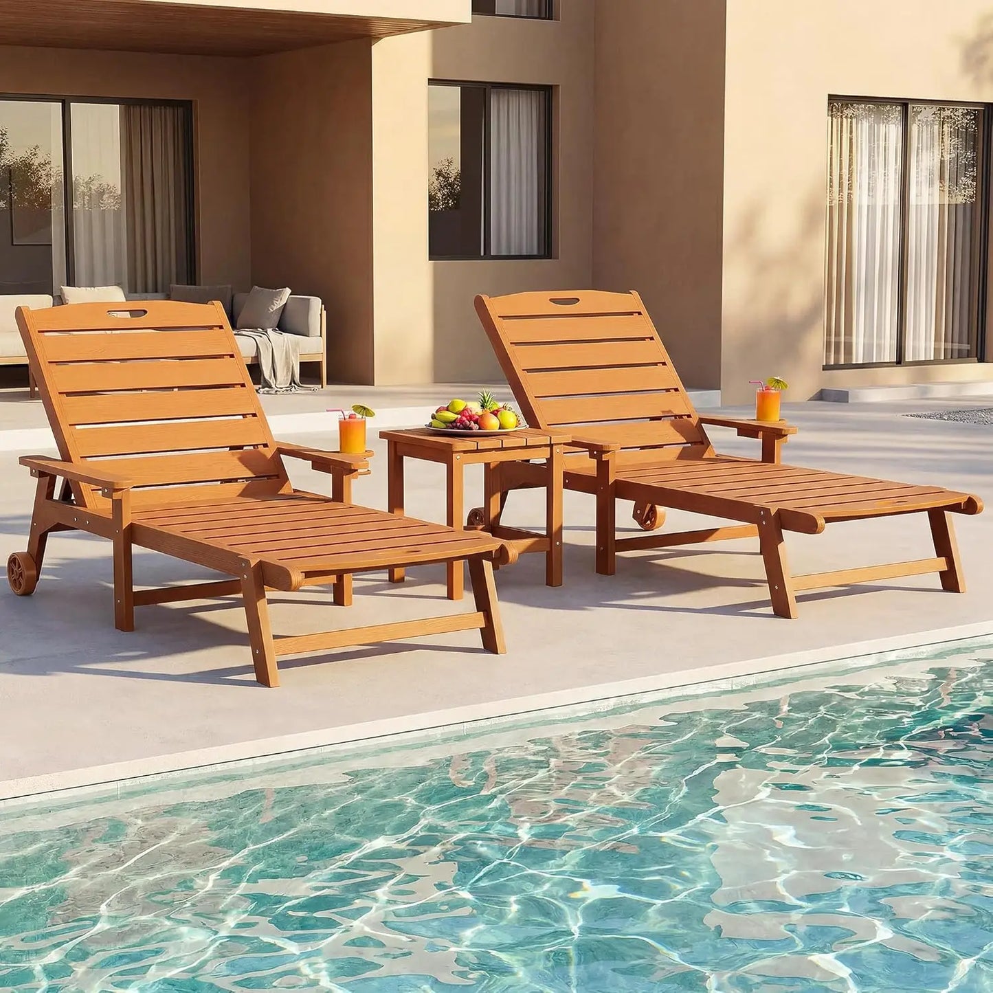 Outdoor Lounge Chair Set of 2 with 5-Position Adjustable, Outside Lounge Chair with Cup Holder, Wheels for Easy Mobility, HDPE T