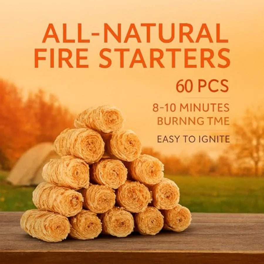60 pcs Fire Starter Natural Fire Starters for Campfires, BBQ, Fireplace. Pizza Oven - Weather-Resistant, Waterproof, Quick Igni