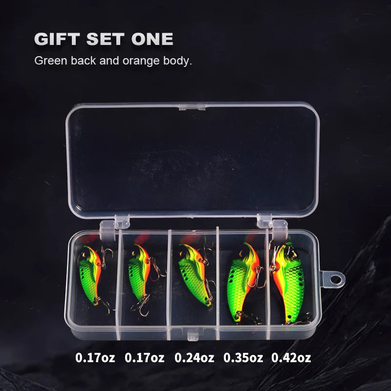 Wondersee 5PCS with Box Switchable Vibration VIB Spinner Spoon Jerkbait Hard Lure Treble hooks Trolling Sinking Wobbler Swimbait