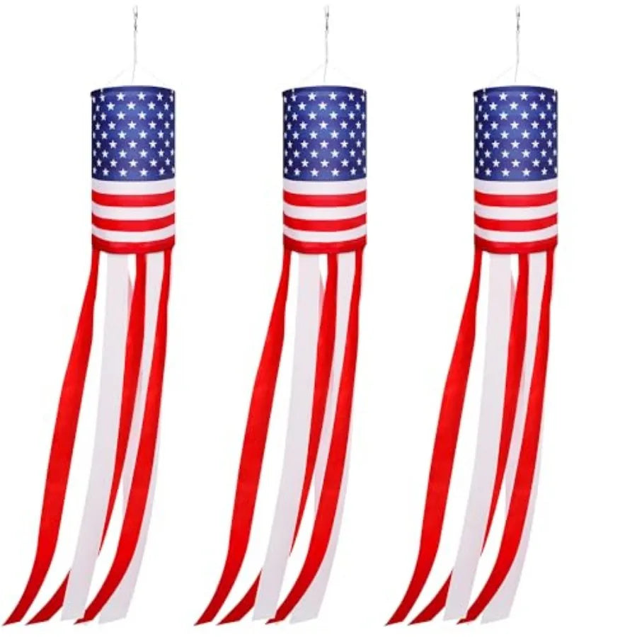 3 Pcs American Flag Windsock, 40 Inch 4th of July Windsock Outdoor Hanging Decoration, Patriotic Stars and Stripes Wind Spinner
