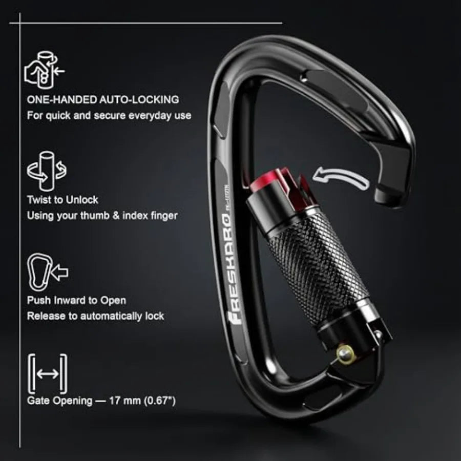 UIAA Certified 25KN Auto Locking Climbing Carabiner Clips, Twist Lock, and Heavy Duty Carabiners for Rock Climbing, Rappelling,