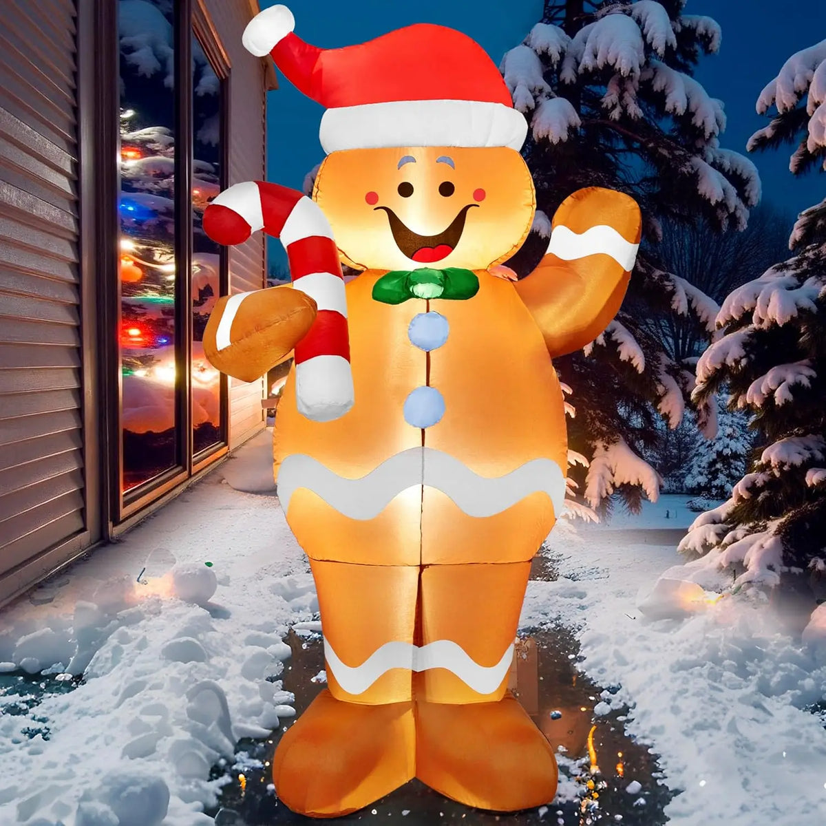 5 FT Christmas Gingerbread Man Inflatable Outdoor Decoration with Candy Canes for Xmas Outdoor Inflatables Decor