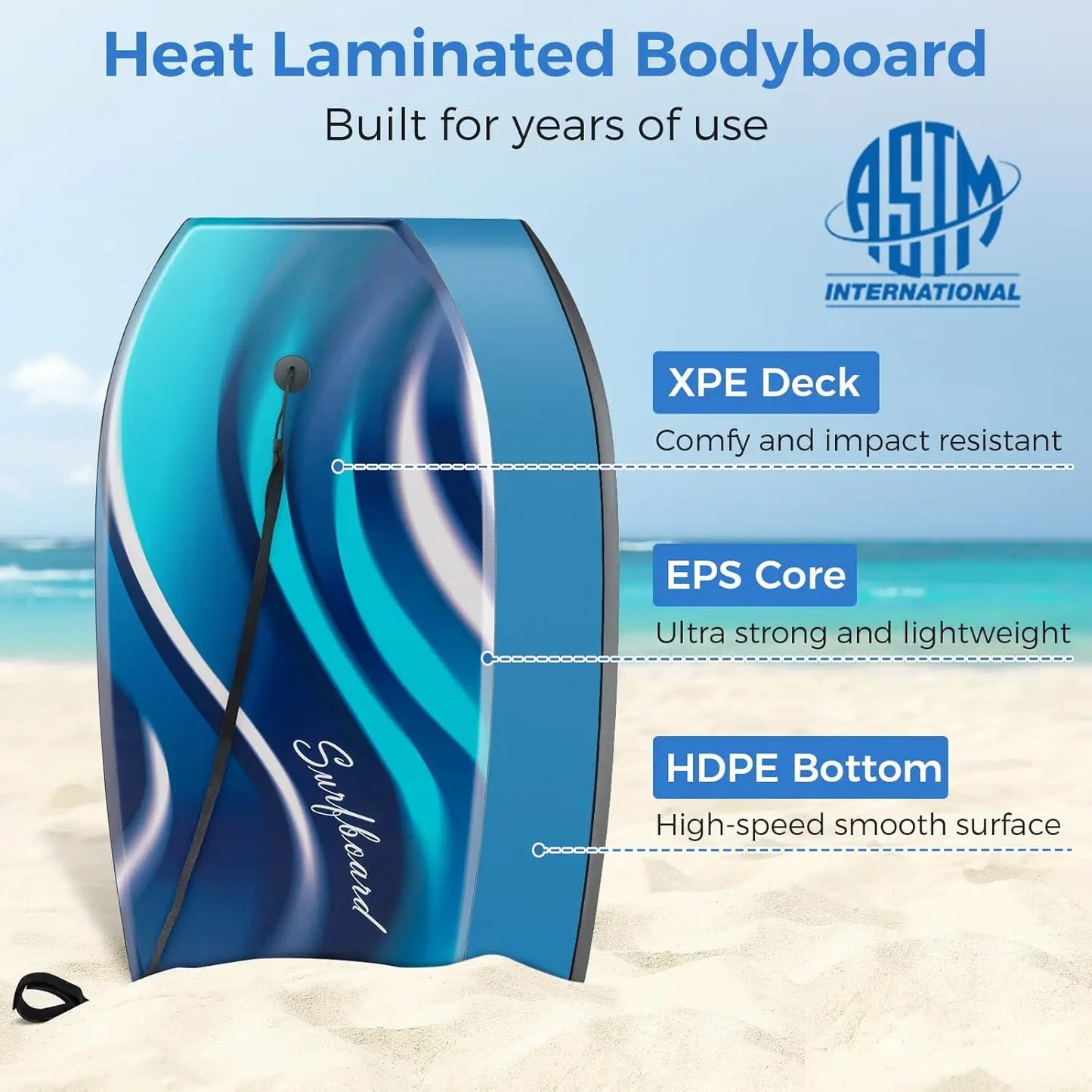 41''/37''/33'' Lightweight Body Board for Beach, Surf Board with EPS Core, XPE Deck, HDPE Slick