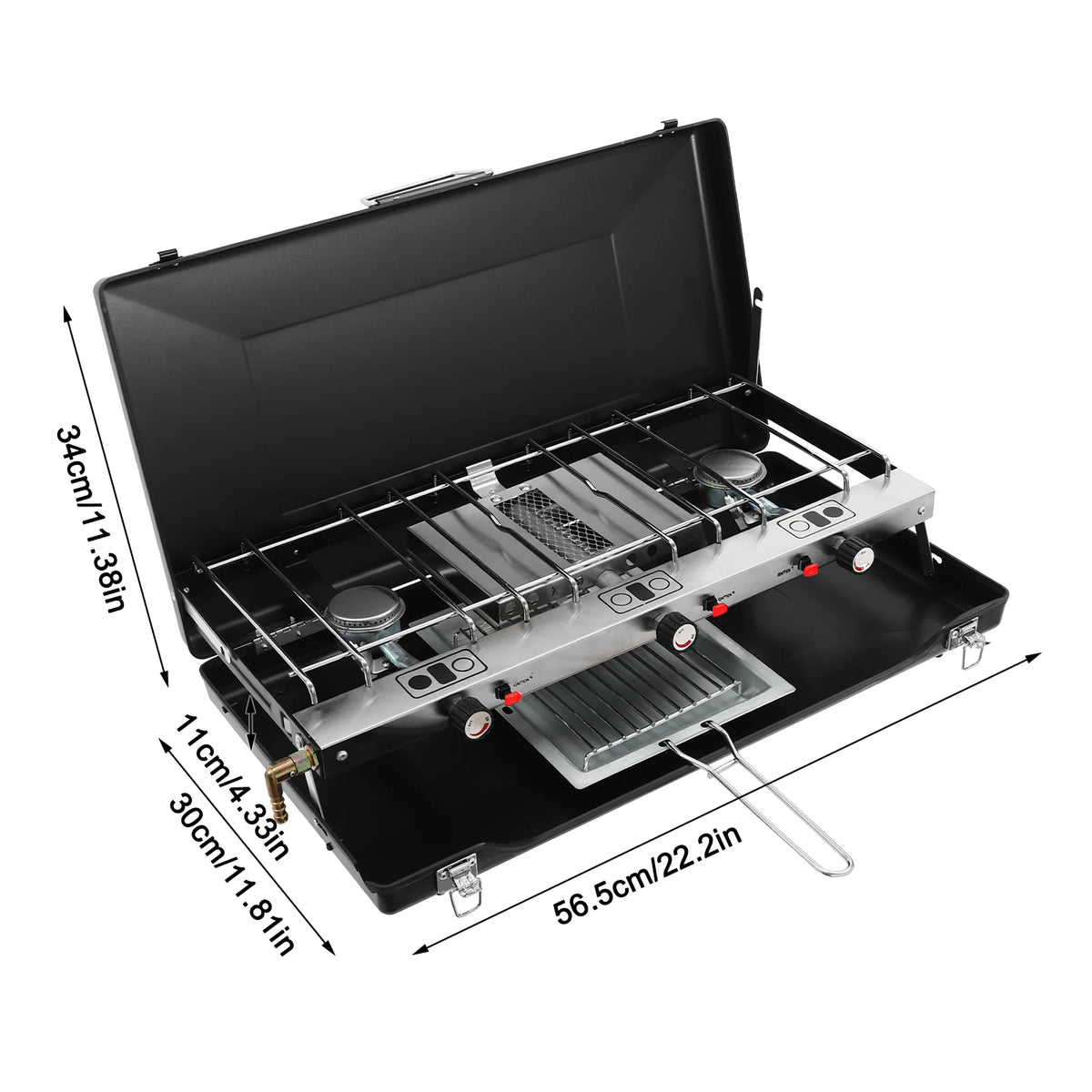 3-Burner Camping Stove Foldable, Portable Gas Grill with 4.5kW Total Power, Piezo Ignition and Windscreen Lid for Outdoor Cooking