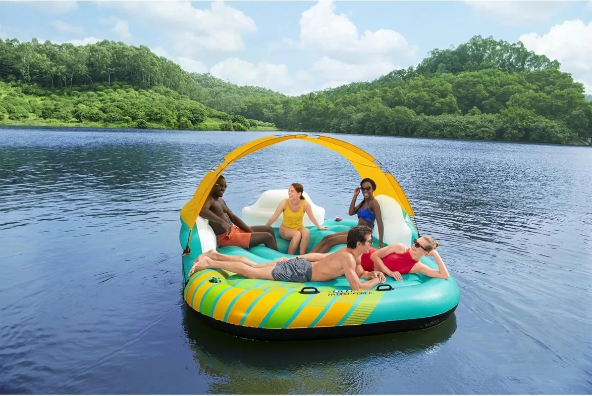 Bestway Hydro Force Sunny 5 Person Inflatable Large Floating Island Lake Water Lounge Raft with Cup Holders and Removable