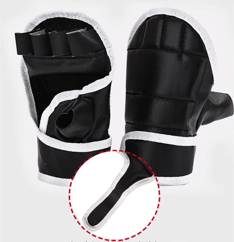 1Pair Black Half Finger Boxing Gloves PU Leather Fighting Kick Boxing Gloves Karate Muay Thai Training Workout Gloves Kids 2042