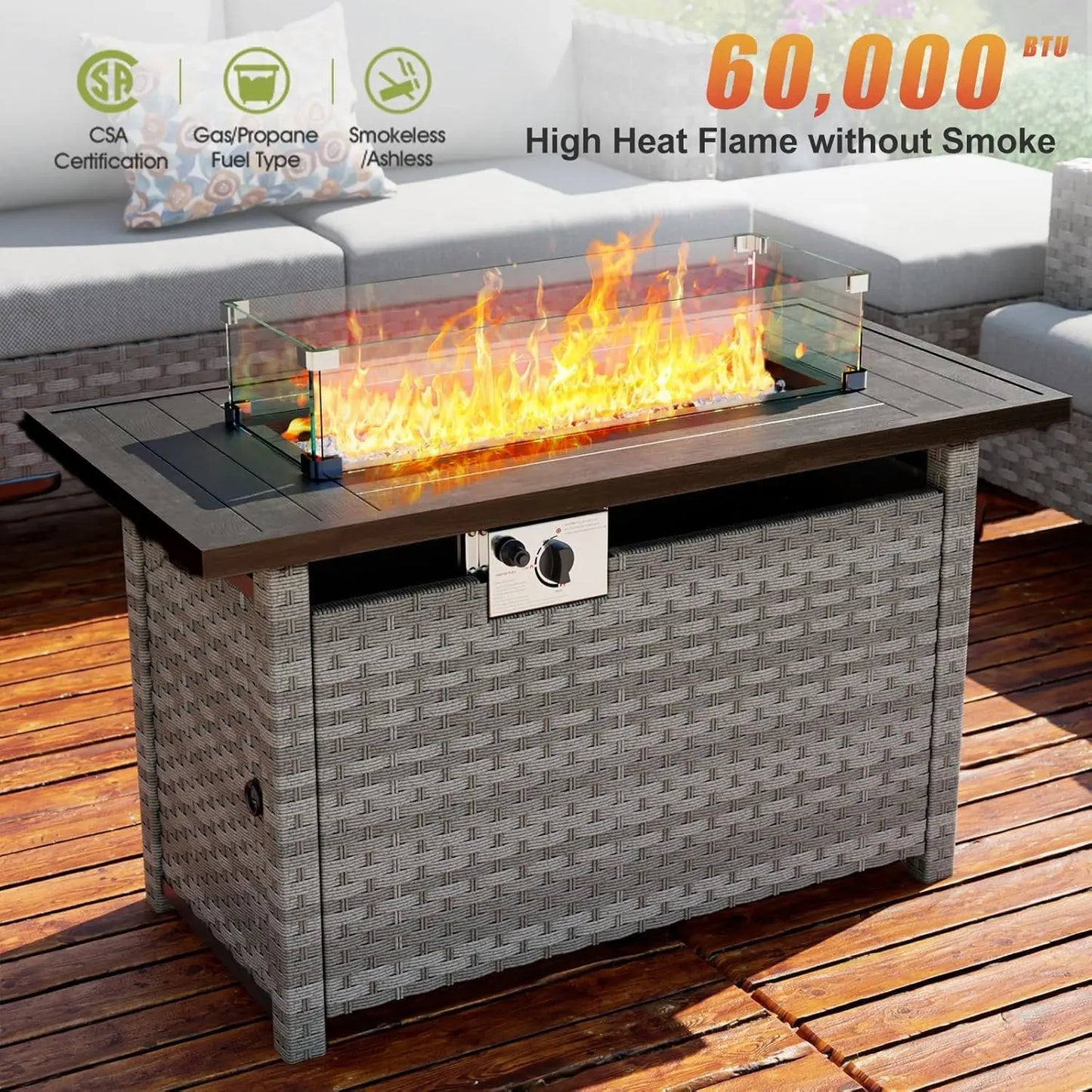 44" Fire Pit Table with Wind Guard, Auto-Ignition Propane Gas Firepits Rattan Rectangular Table for Outside Patio 60,000 BTU