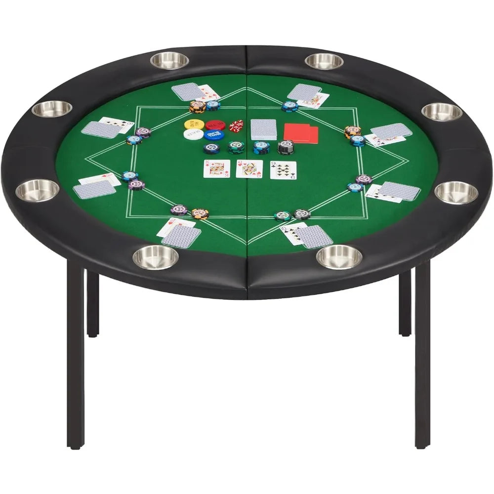 8 Players Poker Table Foldable, Round Casino Texas Holdem Table with Stainless Steel Cup Holders & Faux Leather Padded