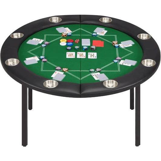 8 Players Poker Table Foldable, Round Casino Texas Holdem Table with Stainless Steel Cup Holders & Faux Leather Padded