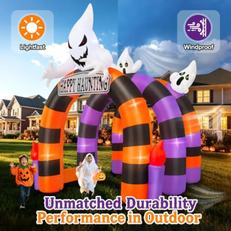 Outdoor Halloween inflatable arch tunnel with ghost design, PVC material, white color, weather-resistant and quick-setup for ya