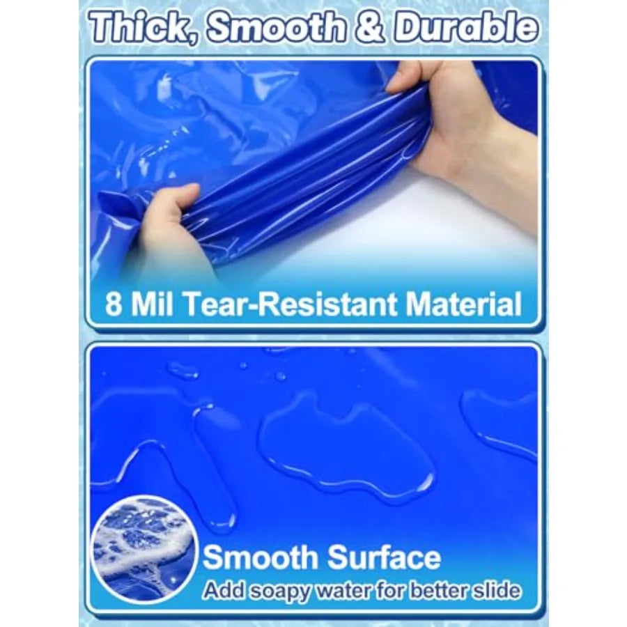 Outdoor backyard water slide for summer fun: 30 x 8 ft extra wide, thick durable slick PVC material, blue and yellow color, inc