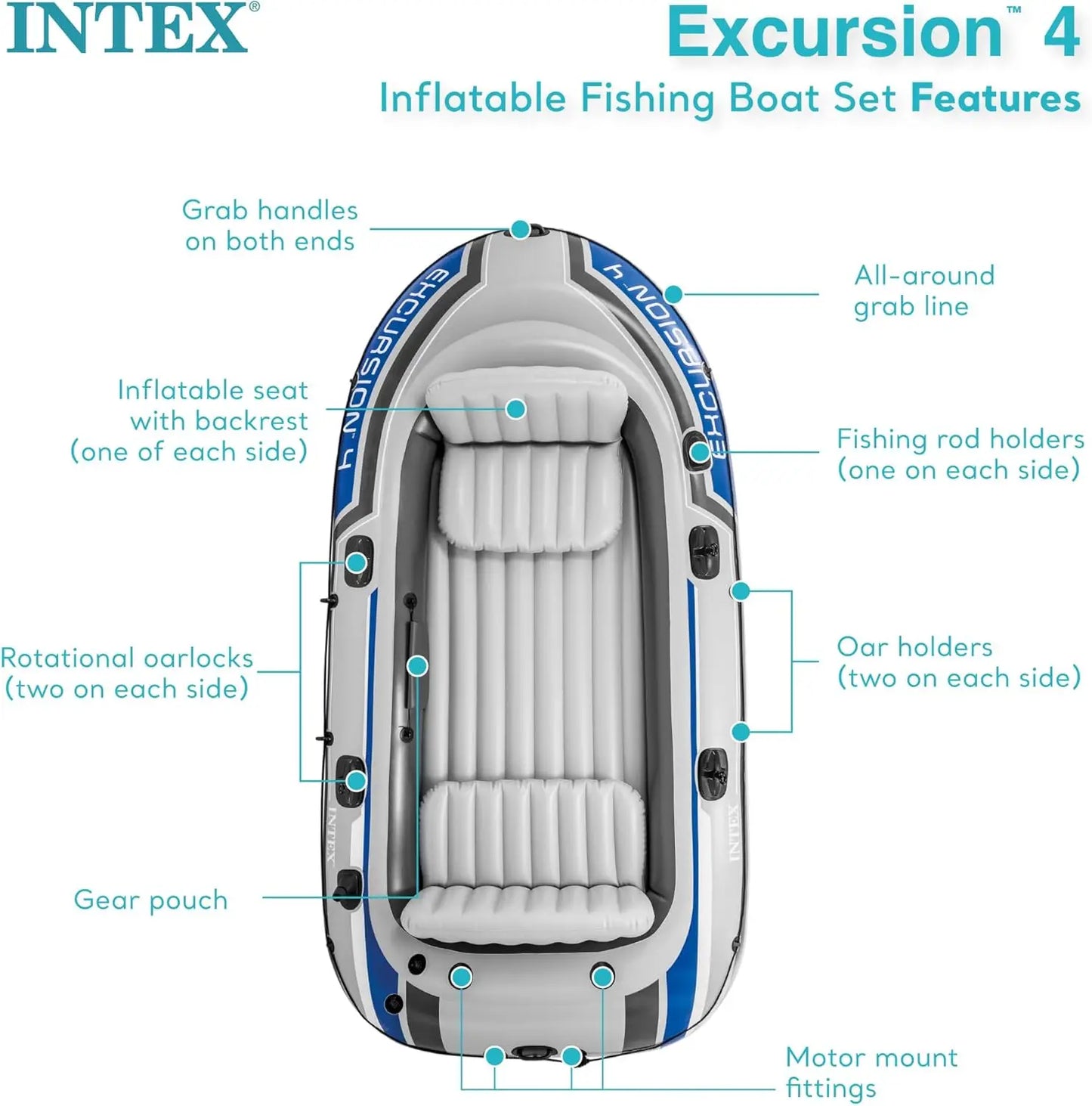4-Person Inflatable Boat Set with Adjustable Seats, Fishing Rod Holders, Oars & Pump - 1100lb Capacity