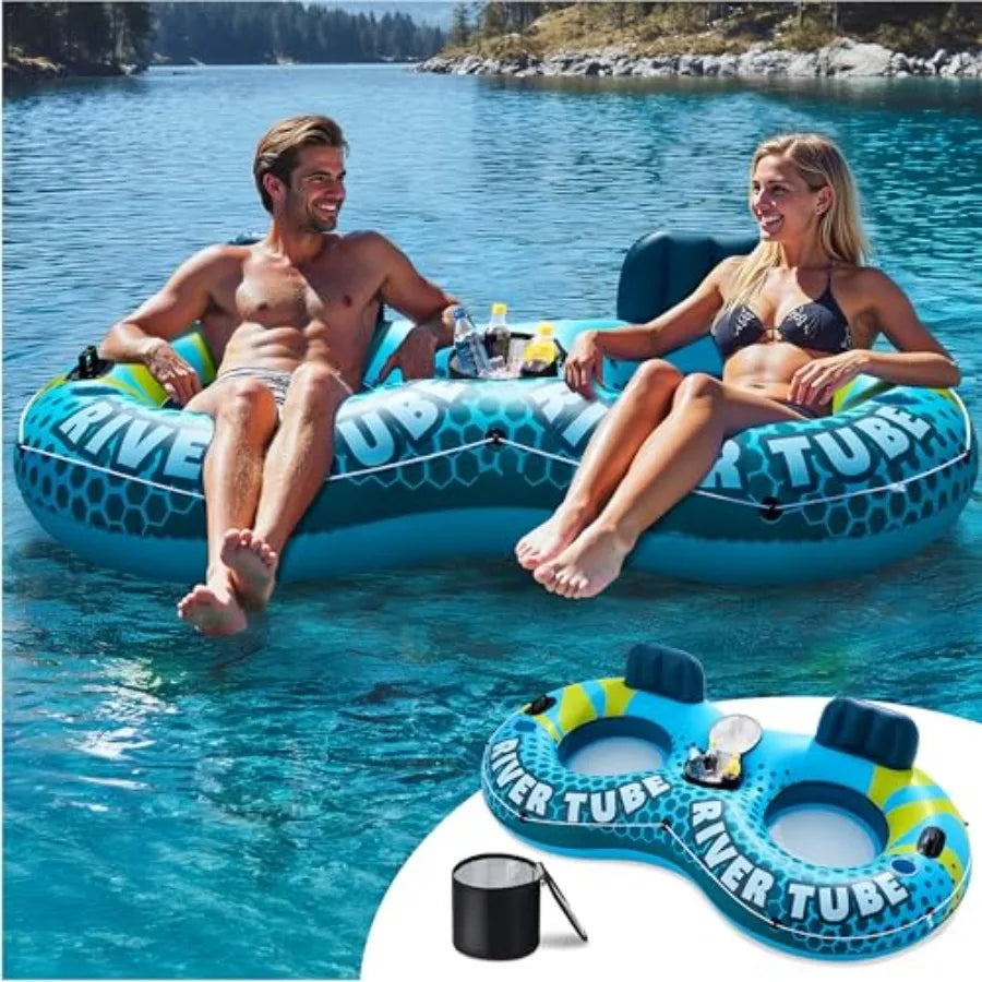 2-Person Inflatable River Tube - Heavy Duty River Run Tubes Pool Lake Floats for Adults Large Floating Raft Lounge Above Water