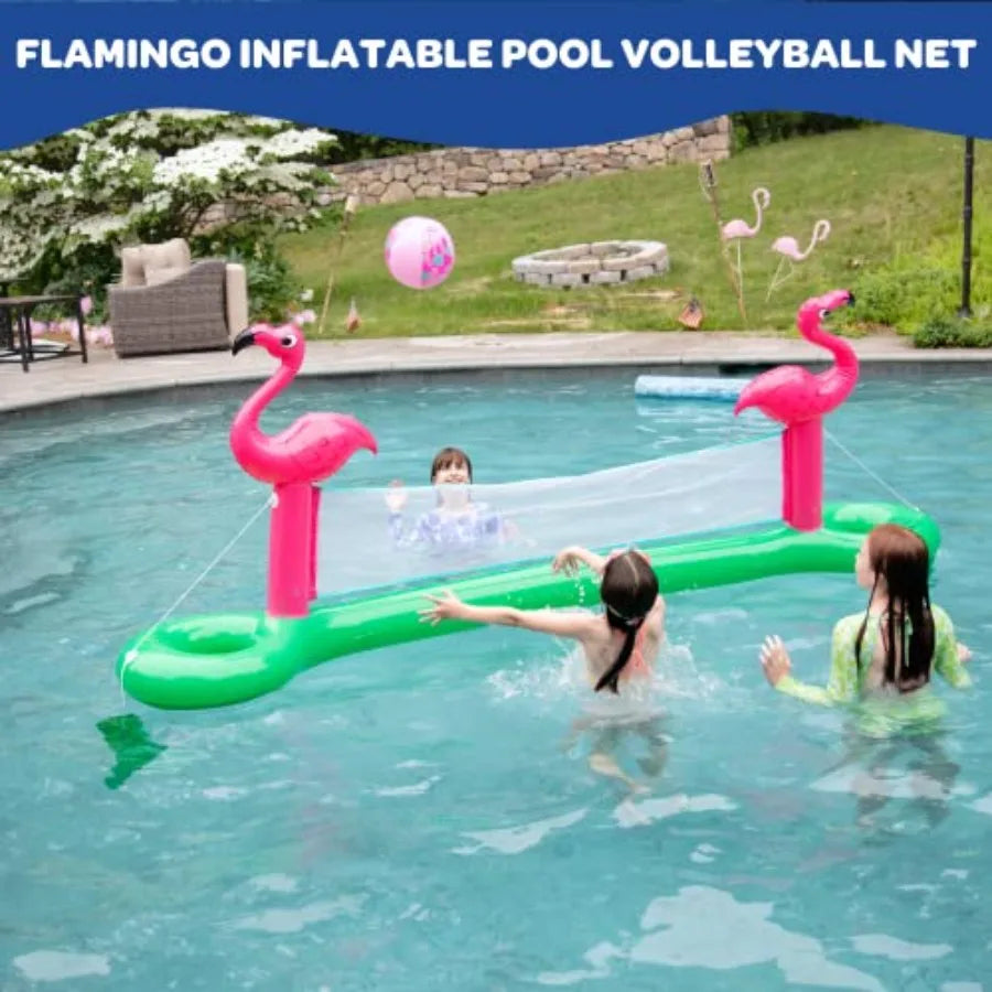 Giant Inflatable Flamingo Volleyball Net Set w/Ball - 12 ft Long Durable PVC Material - Perfect for Outdoor Backyard Swimming P