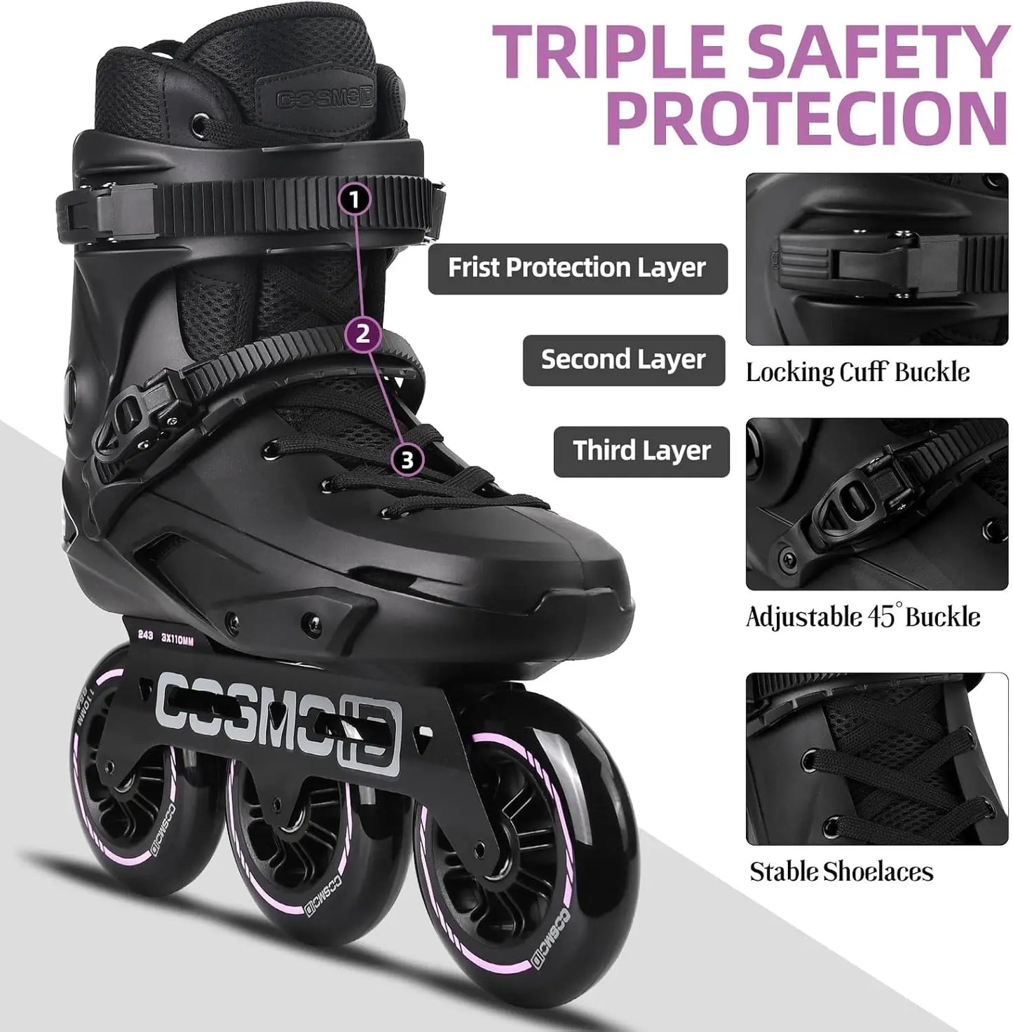 High-Performance Inline Skates for Adults, 3-Wheel 110mm Metal Frame, Indoor/Outdoor Fitness, Sizes 5-14.5