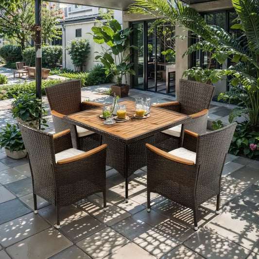 5 Piece Patio Wicker Dining Sets for 4, WaterResistant Rattan Outdoor Dining Table and 4 Chairs with Wood Table Top, Conversati