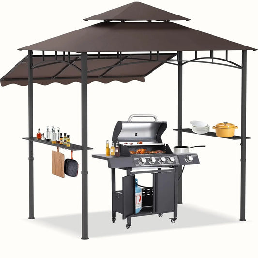 8x8x5 FT BBQ Grill Gazebo Outdoor, Double Tired Patio Canopy Tent with Side Awning Shelves, Barbecue Shelter with, Customized