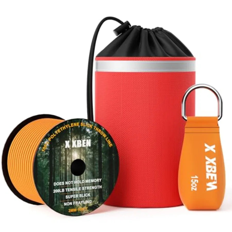 XBEN Arborist Throw Line Kit 150Feet Slick Rope and 9/11/15oz Throw Weight Reflective Storage Bag for Tree Climbing, Trimming,