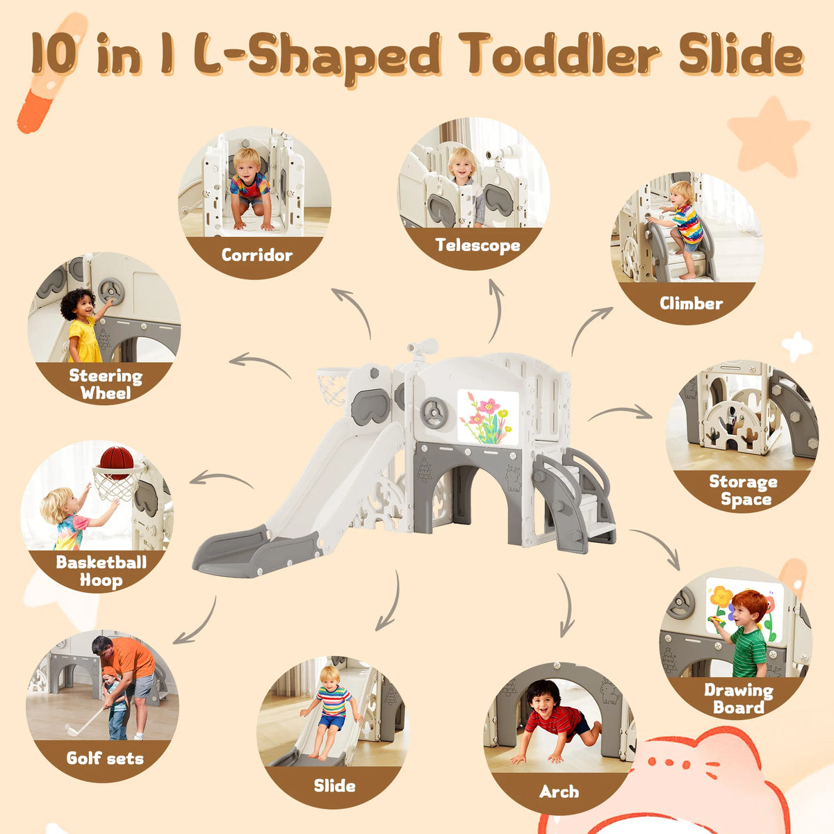 10 in 1 Toddler Slide Playset Indoor & Outdoor Playground for Kids Aged 1-3, Complete with Golf Set, Basketball Hoop, Climbing Frame, Drawing Board and Steering Wheel