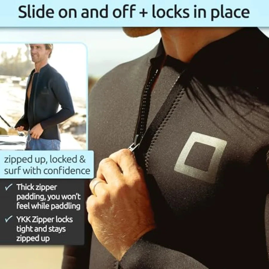 Men's wetsuit top jacket: 2mm/3mm neoprene, black, long sleeve with extended back flap for warmth, comfort, surfing, snorkeling