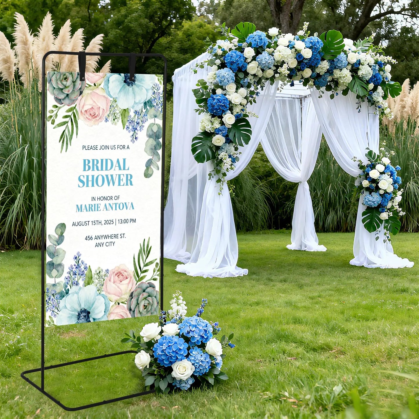 Adjustable Welcome Sign Stand 50 to 68 Inch Metal Easel Sign Holder for Wedding Birthday Baby Shower Parties with Leather Straps