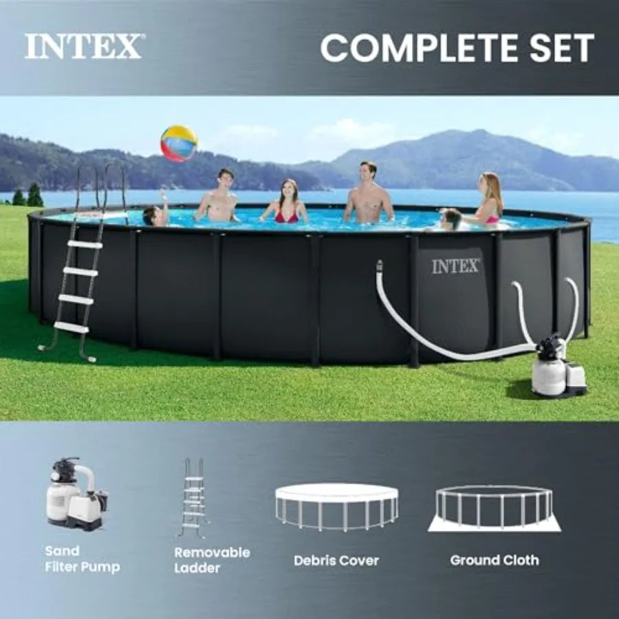 24 ft Round Above Ground Pool Set with Steel Frame Sand Filter Pump 2100 GPH Ladder Cover Ground Cloth Silver Gray