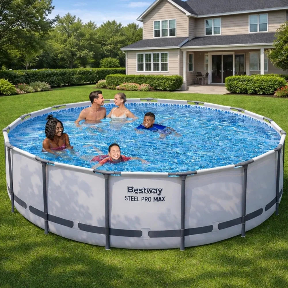 15' x 42" Above Ground Pool, Round Metal Frame Outdoor Swimming Pool Set with Filter Pump, Ladder, and, Custom
