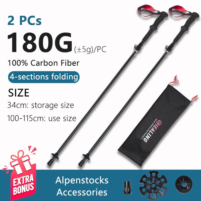 Local+ Ultralight Carbon Fiber Trekking Poles Outdoor Hiking Cane Folding Telescopic Nordic Mountain Climbing Pole Walking Stick