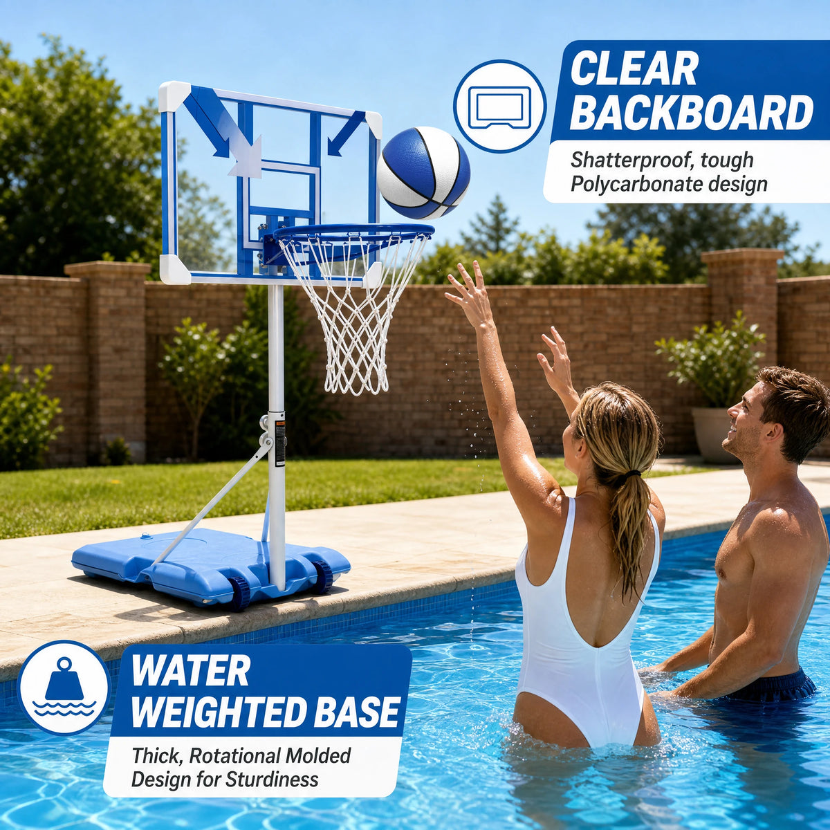 Portable Pool Basketball Hoop, Height Adjustable 57"-70" Basketball Goal with LED Lighted Rim, Rust-Proof Stand with Wheels, Outdoor/Indoor Yard Game with 2 Balls & Pump