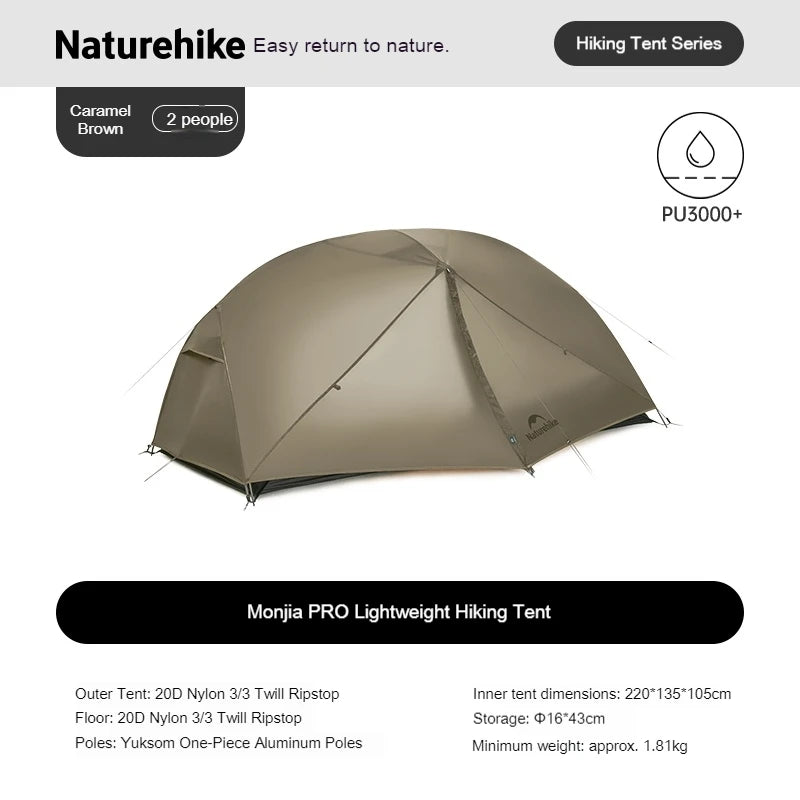 Naturehike Mongar Pro Camping Tent Travel 20D Nylon Tent 1/2/3Person Waterproof Backpacking 3 Season Ultralight Tent with Canopy