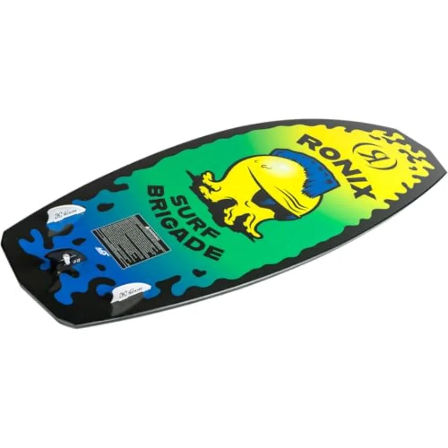 ' wakesurfing board for all skill levels: yellow/green polyethylene board with extended tail surface and Turbo 3000 fin for enh