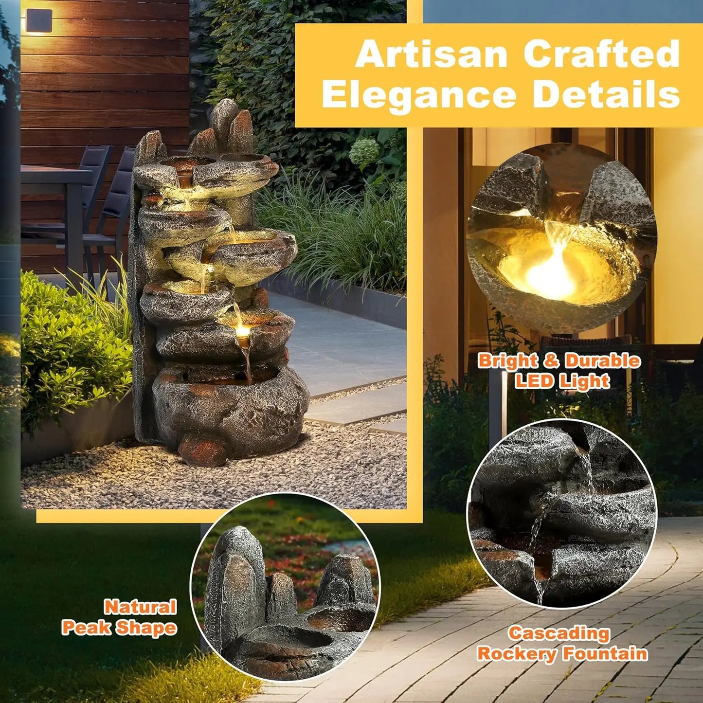 6-Tier Cascading Rock Water Fountain, 27" H Outdoor Freestanding Rockery Fountain with LED Light and Pump