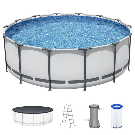 14ft Round Metal Frame Above Ground Swimming Pool Set with Filter Pump Ladder & Cover, Outdoor Backyard, Custom