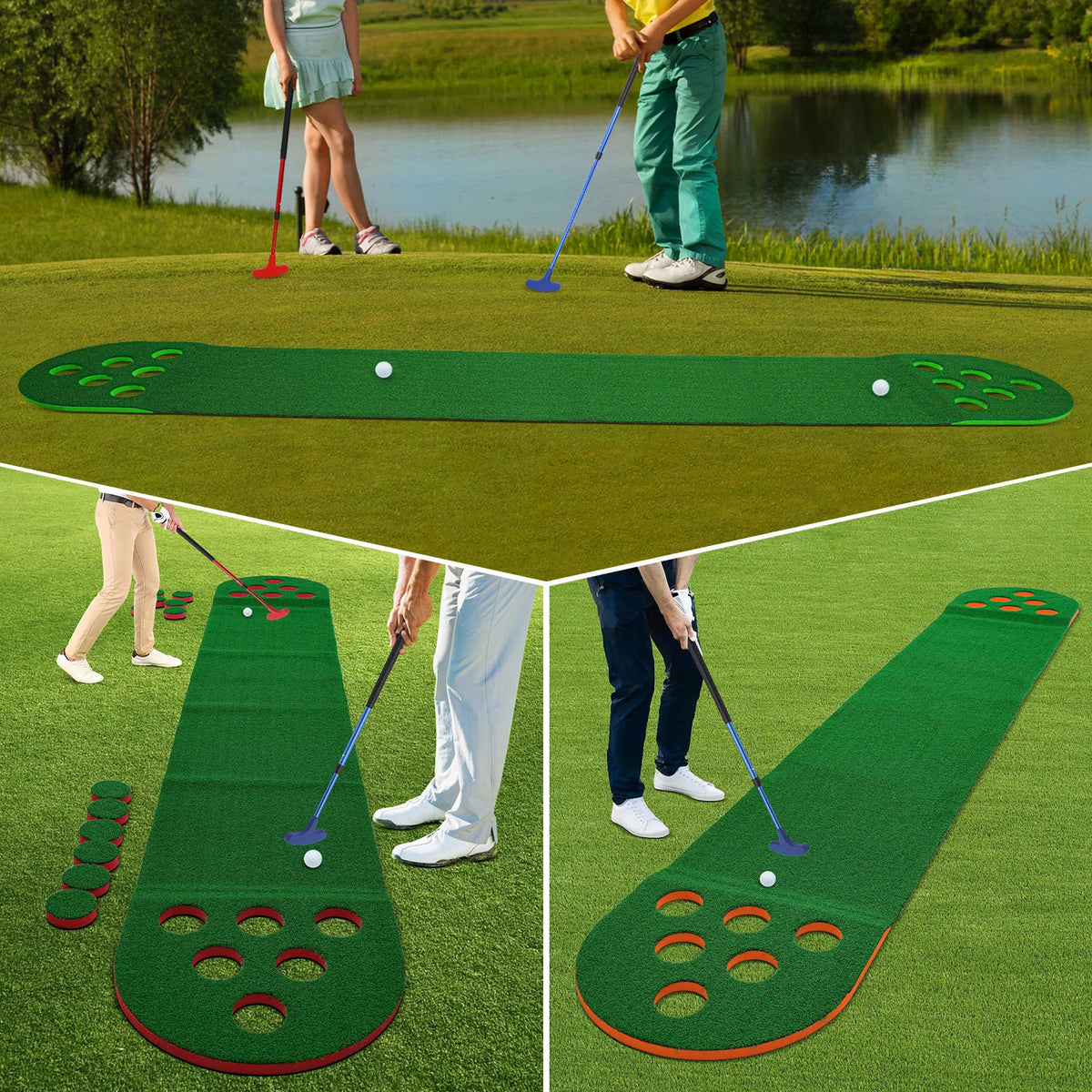 Miniature Golf Course - Green Base 118*19*1in Complete Set a Golf Course Mat, Two Golf Clubs and Two Golf Balls Different Difficulty Levels, Foldable Suitable for All Kinds of People Outdoor Play