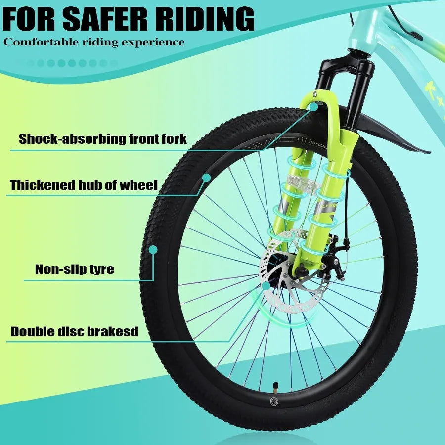 24 Inch Single Speed Mountain Bike for Boys Girls Ages 8-12, Lightweight Youth Bicycle with Front Suspension Fork, Front and Re