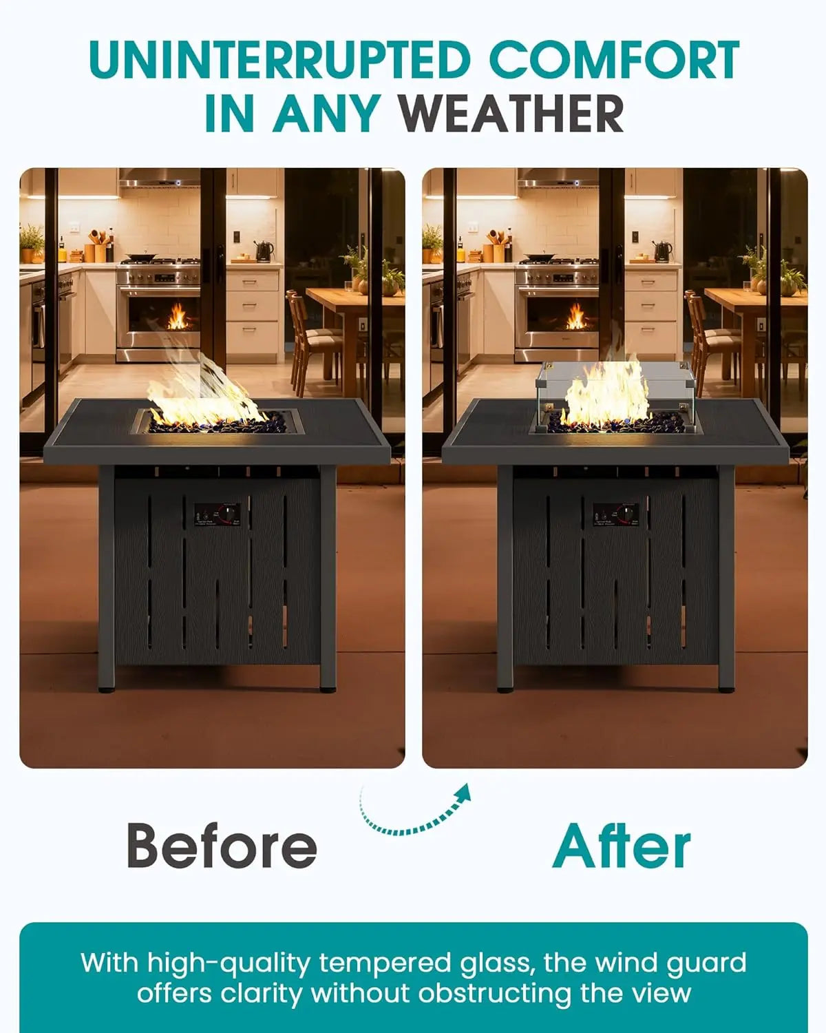 33" Outdoor Fire Pit Table, 50,000 BTU Square Propane Fire Pit Table with Lid, Glass Rock & Glass Wind Guard, Backyard, Black