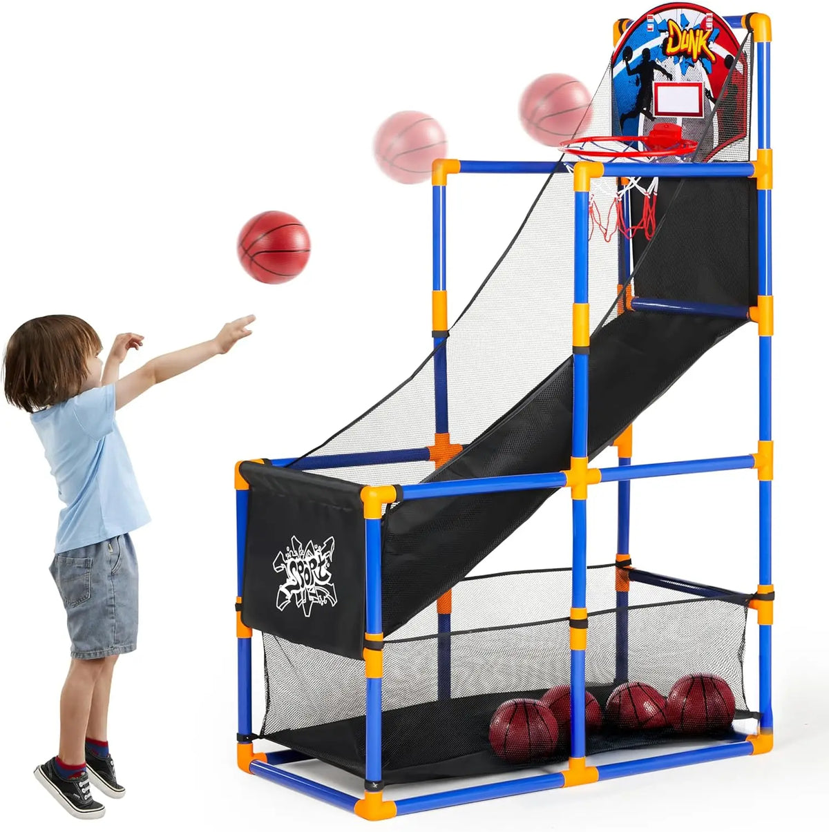 Arcade Basketball Game Set with 4 Balls and Hoop for Kids 3+ Years Old Indoor Outdoor Sport Play Easy Set Up Air Pump Included Ideal for Competition