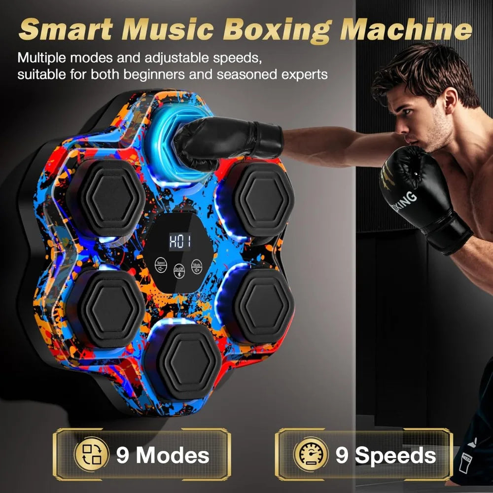 Smart Bluetooth Boxing Machine with Gloves, Wall Mounted Music Punching Trainer for Home Gym, 9 Modes 9 Speeds LED Display