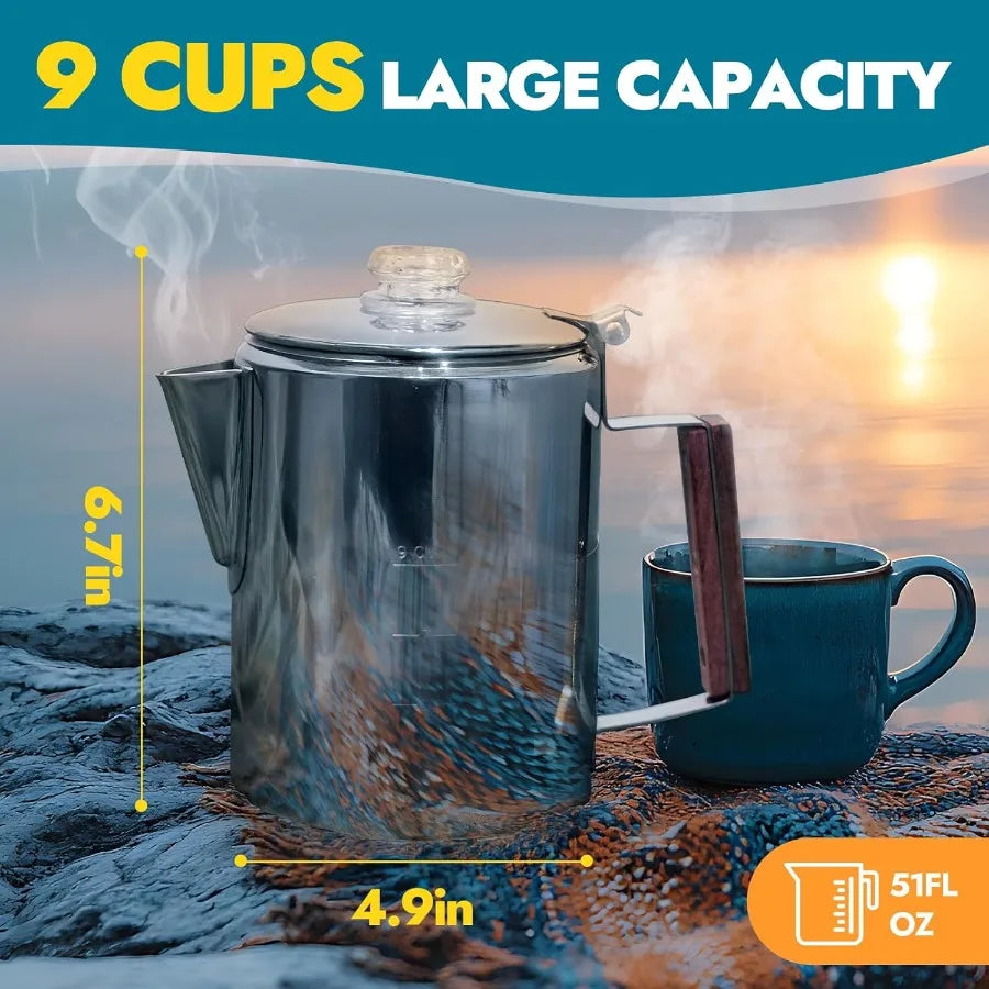 CANWAY Percolator Coffee Pot Portable Camping Stove Set for Backpacking Hiking Stainless Steel Mini Wood Burning Stove 9 CUP Ca