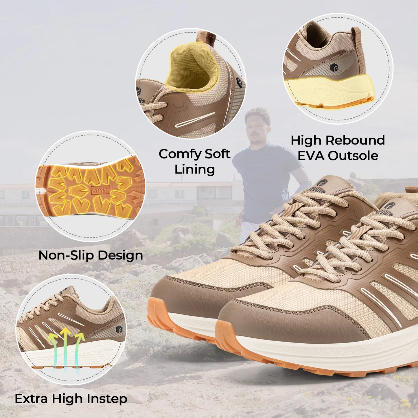 Fitville Trail Running Shoes Wide Toe Men's Sneakers Non-slip Wear Resistant Sport Shoes for Heel Pain Plantar Fasciitis Relief